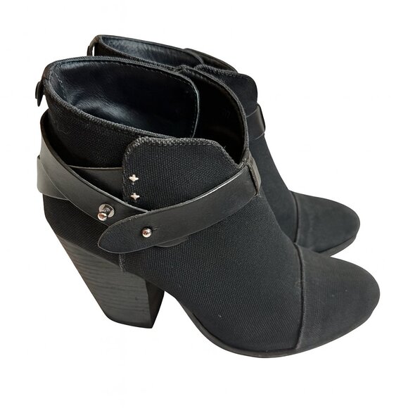 Rag Rag & Bone Harrow Black Canvas Leather Strap Ankle Booties Size 37 - Picture 1 of 12